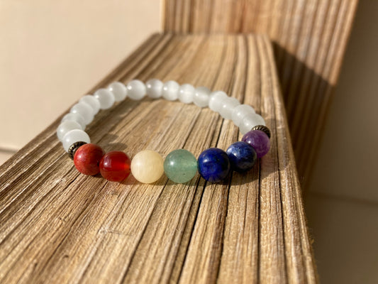 Selenite Chakra Gemstone Bracelet for Clarity, Aura Clearing, and Balance